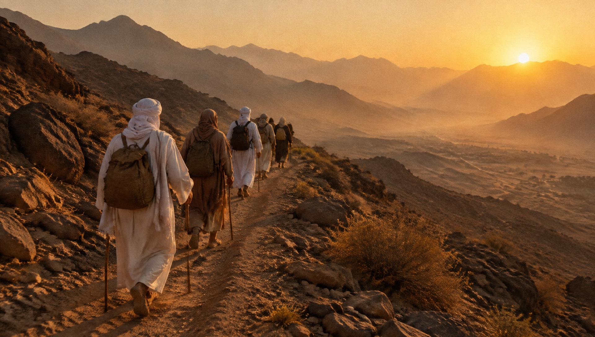 A small group walking through the Saudi desert at sunrise